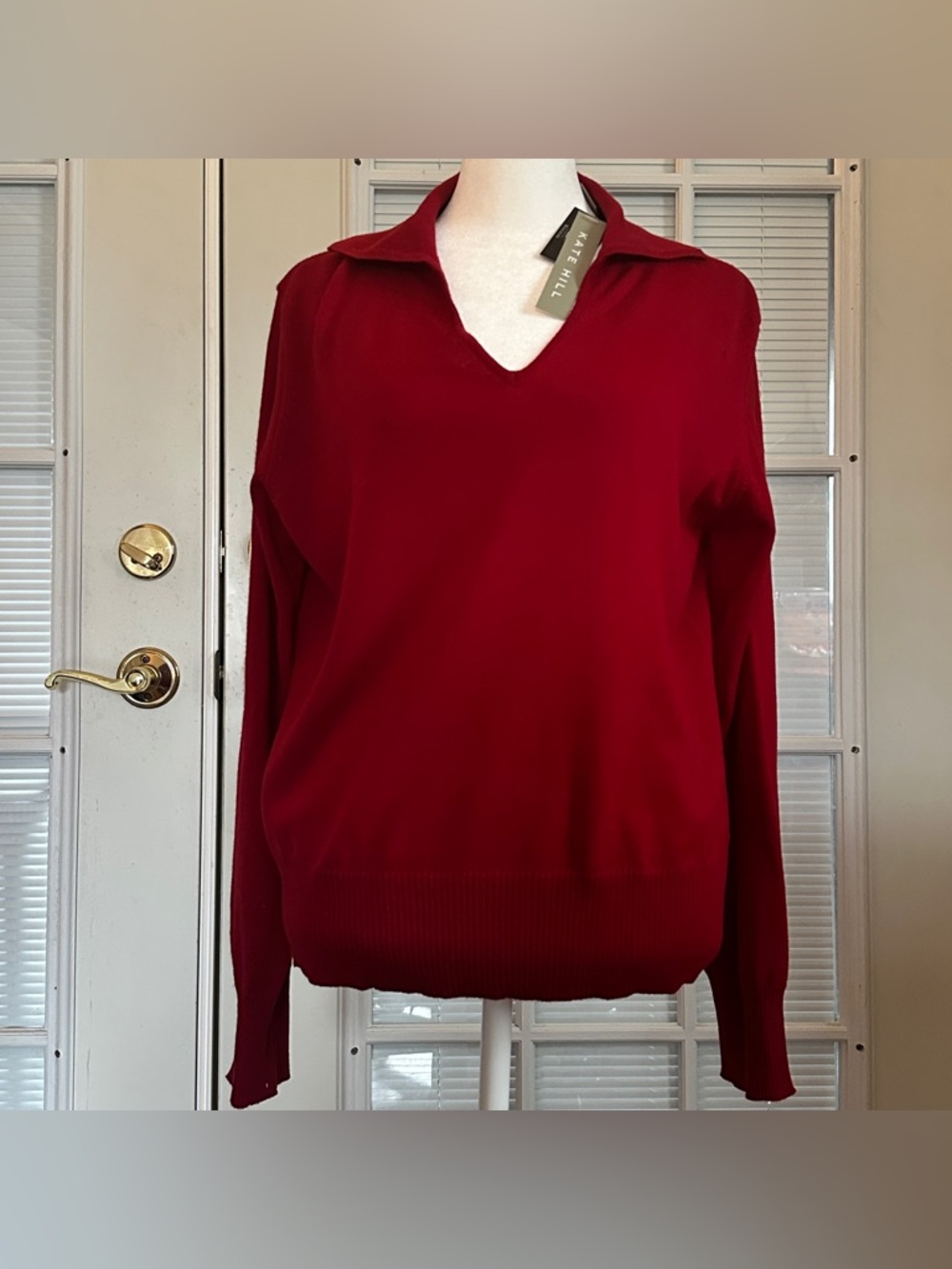 Kate Hill 100% Merino Wool Sweater Red V-Neck Collared Made in Italy NWT
